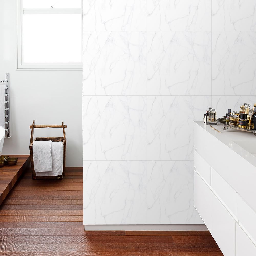 LMYSXAOZ Tile Stickers Stick on Tiles, Self Adhesive Wall Tiles for Kitchen Bathroom, Oil Proof Peel and DIY Floor Simple Marble 30x30cm (8PCS,White Marble)