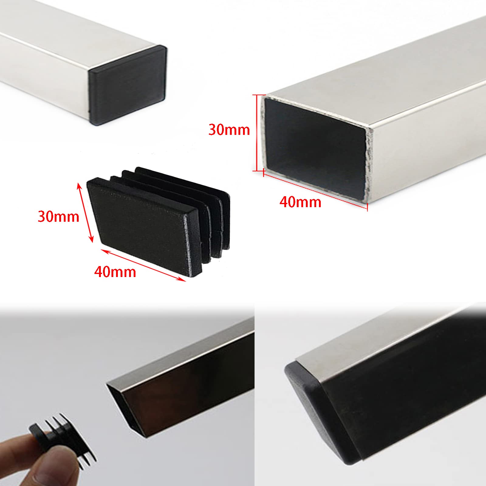 40 Tappi Per Tubi Rettangolari 40x30 Mm HJYZY - Plastica PE, Per Gambe Sedie, Mobili, Nero - Foto 3