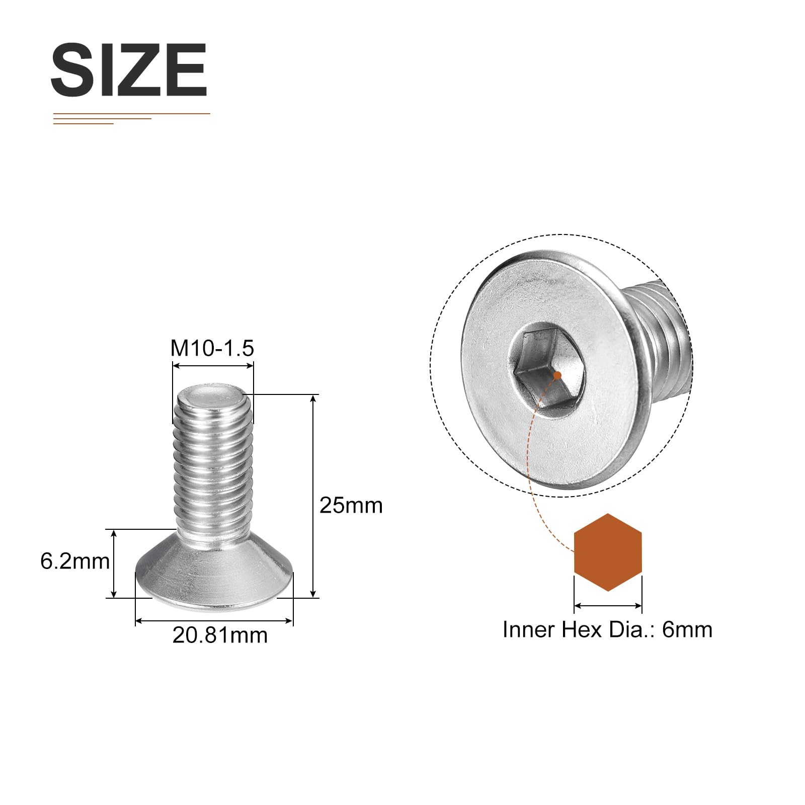 DTGN M10-1.5 x 25mm Flat Head Socket Cap Screws, 10 Pack 304 Stainless Steel Hex Socket Flat Head Screws, Full Thread - Image 2