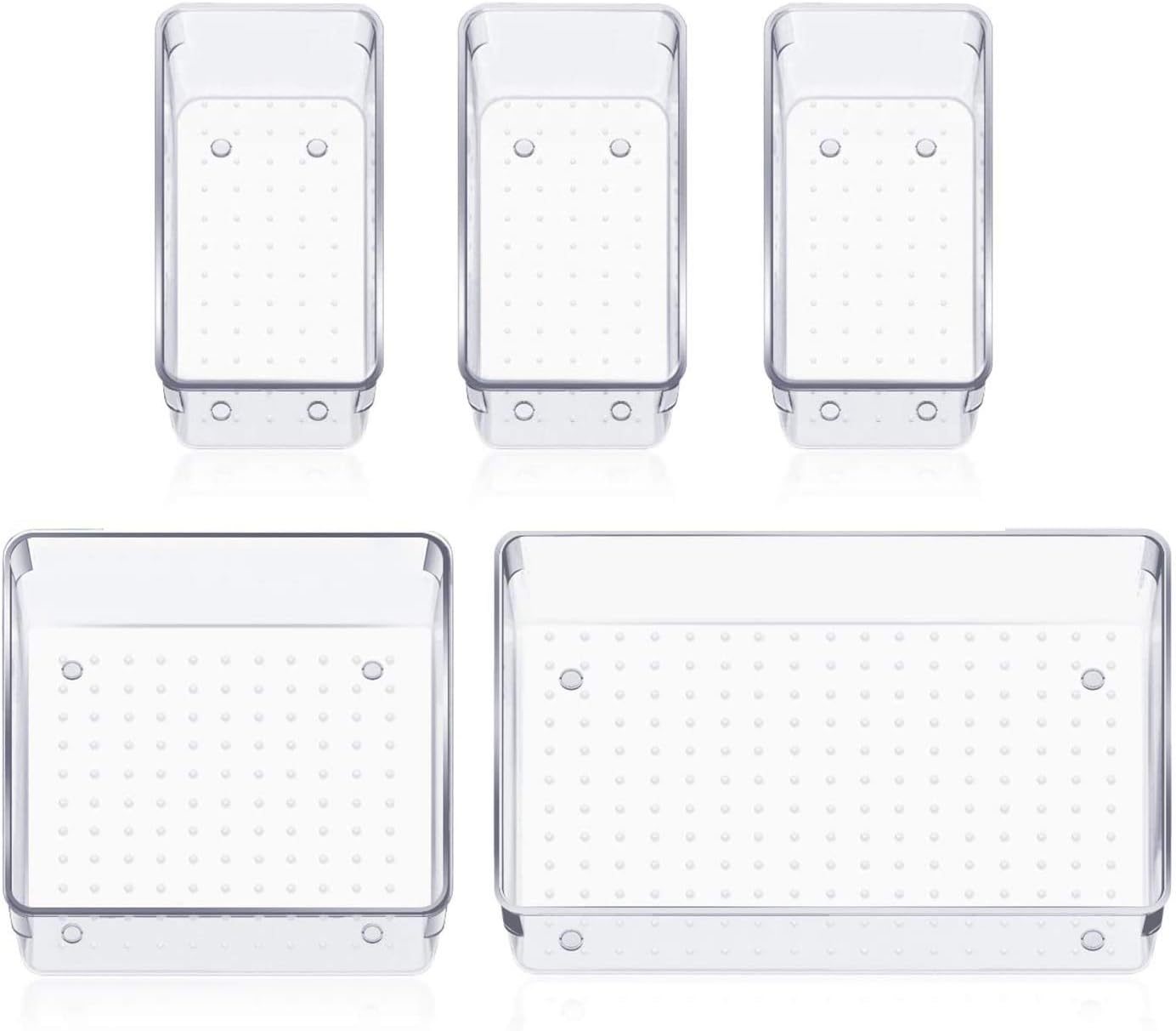 Zollyss 5 Pcs Desk Drawer Organizers Trays Set Clear Plastic Storage Bins Bathroom Drawer Tray Dividers Vanity Trays Organizer for Bedroom Dresser Makeup Kitchen Utensil Office