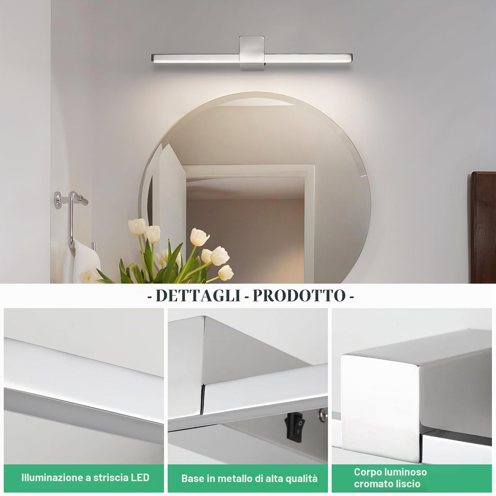 Lampada da Specchio da Trucco 40cm, Luce Specchio Bagno LED 12W, 960 Lumen Bianco Neutra 4000K Applique da Parete IP20 (Cromo)