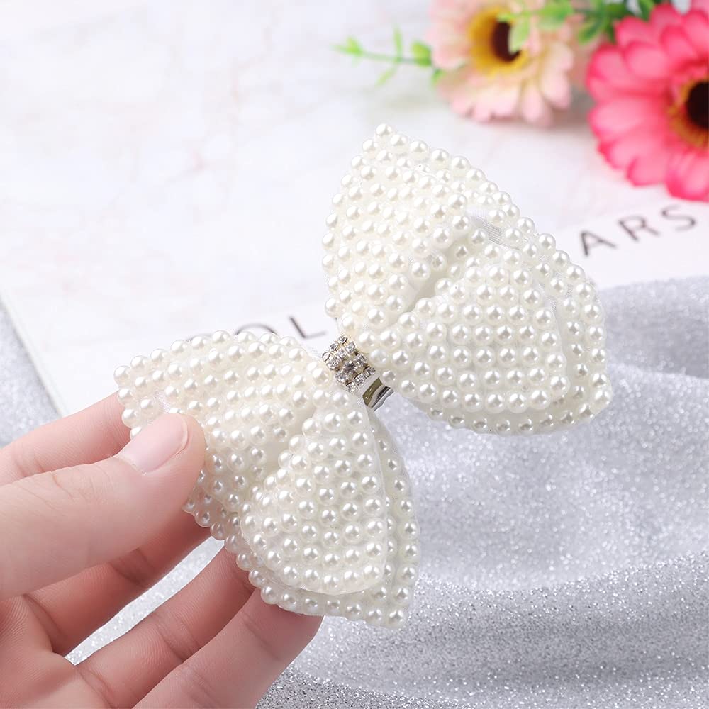 Akcesoria do włosów Białe perłowe kokardki do włosów z spinkami do włosów dla dziewczynek Włosy Warstwy dla dzieci Bling Rhinestone Center Bows Spinki do włosów
