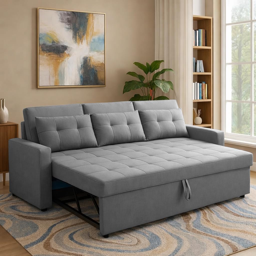 Casaliving Treshta 3 Seater Pull-Out Premium Fabric Sofa Cum Bed Sofa Set for Living Room (Dark Grey Fabric Color) Premium Fabric Sofa Set for Living Room Sofa Cum Bed Set