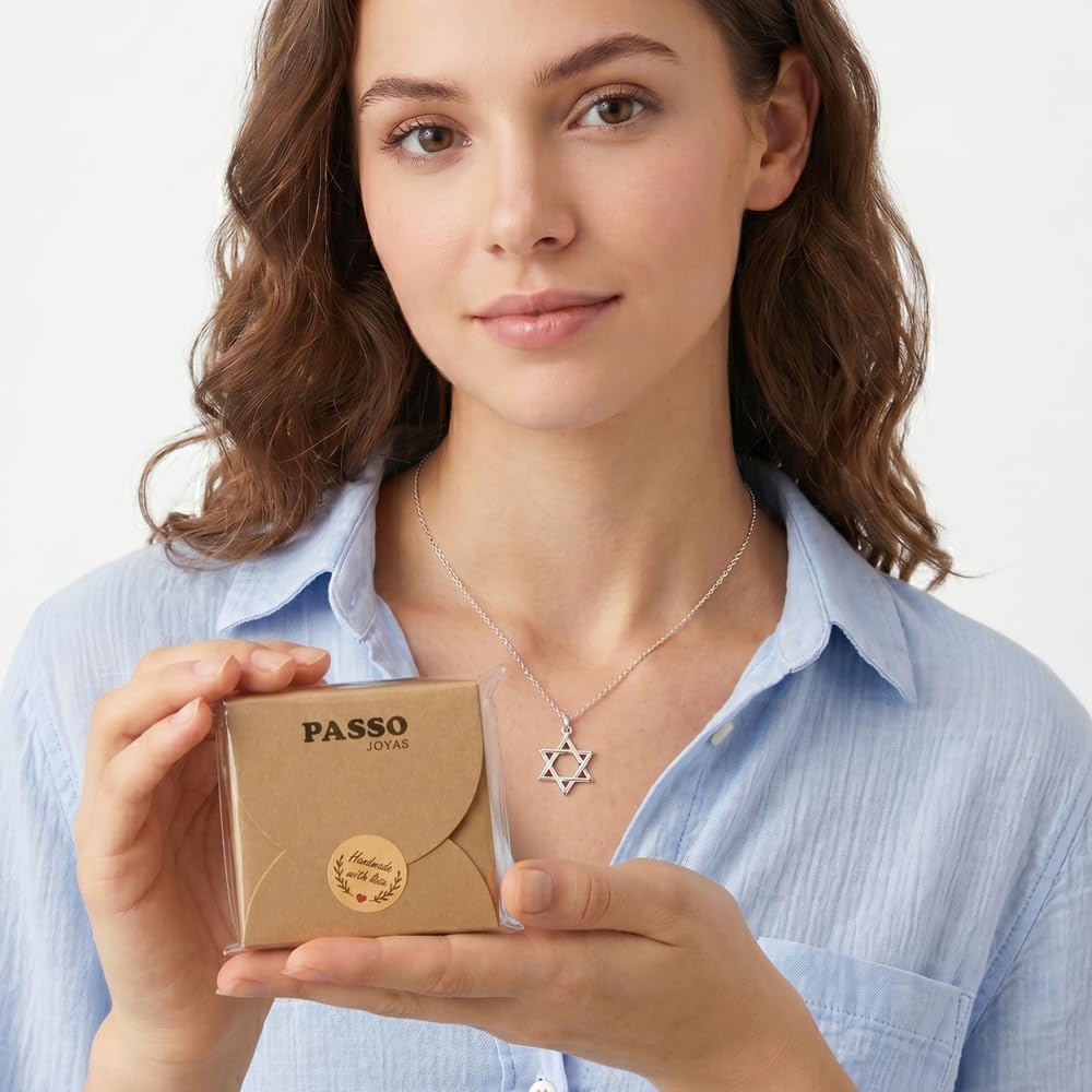 Passo Collar plata mujer con Estrella de David en plata de ley 925 - Colgante de 20mm y cadena de 45cm - Se envía en una caja de regalo