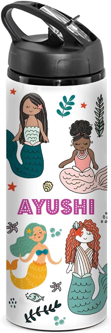 PRINTSWAYS Personalised Mermaid Design Water Bottle 650 ML – Custom Name Printed Sipper Bottle for Kids, Ideal Return Gift for Birthday, Rakhi, Diwali gift, Mermaid Design
