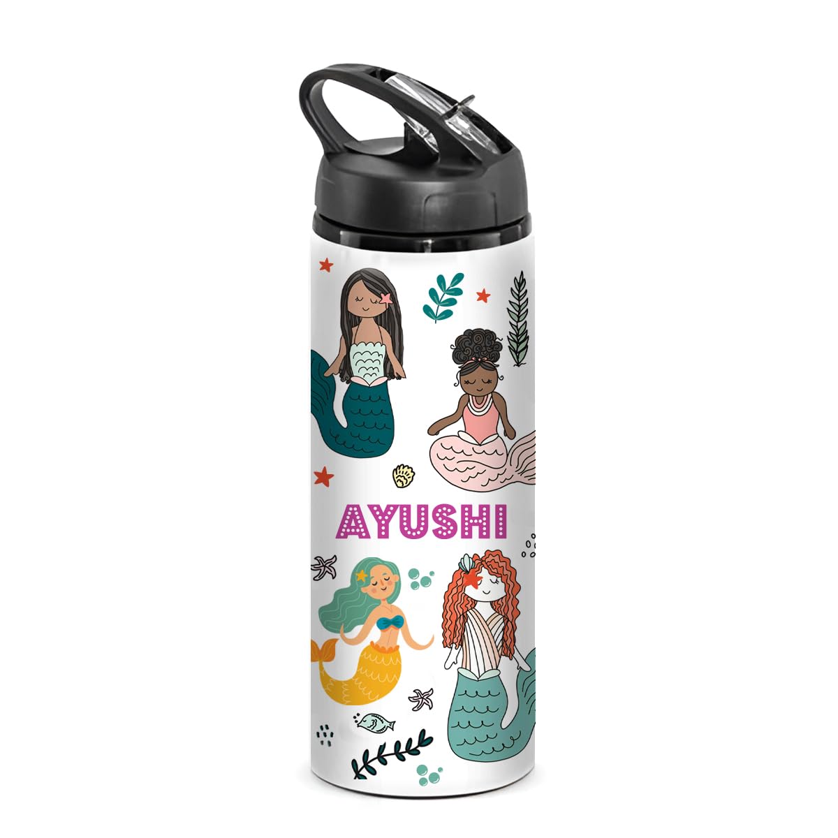 PRINTSWAYS Personalised Mermaid Design Water Bottle 750 ML – Custom Name Printed Sipper Bottle for Kids, Ideal Return Gift for Birthday, Rakhi, Diwali gift, Mermaid Design
