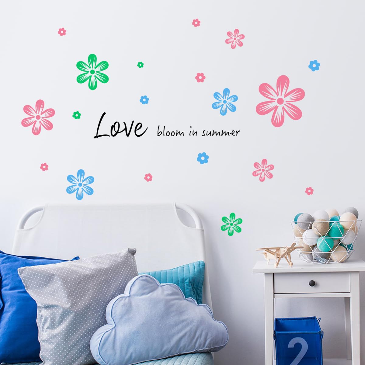 Colourful Daisy Wall Decals Flower with Letter Love Bloom in Summer Wall Stickers for Wall Peel and Stick for Nursery Bedroom Living Room Wall Decor (