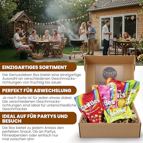 Genussleben Box mit 600g Skittles zum Naschen und Teilen für Familie, Freunde und Genießer. Kaubonbons Dragees als Geschenk oder Süße Auszeit
