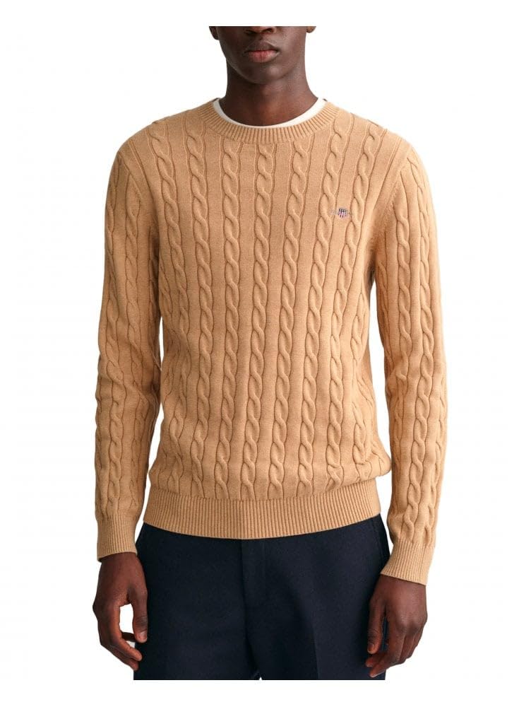 GANT Men's Cotton Cable C-Neck Pullover, Khaki Mel, L