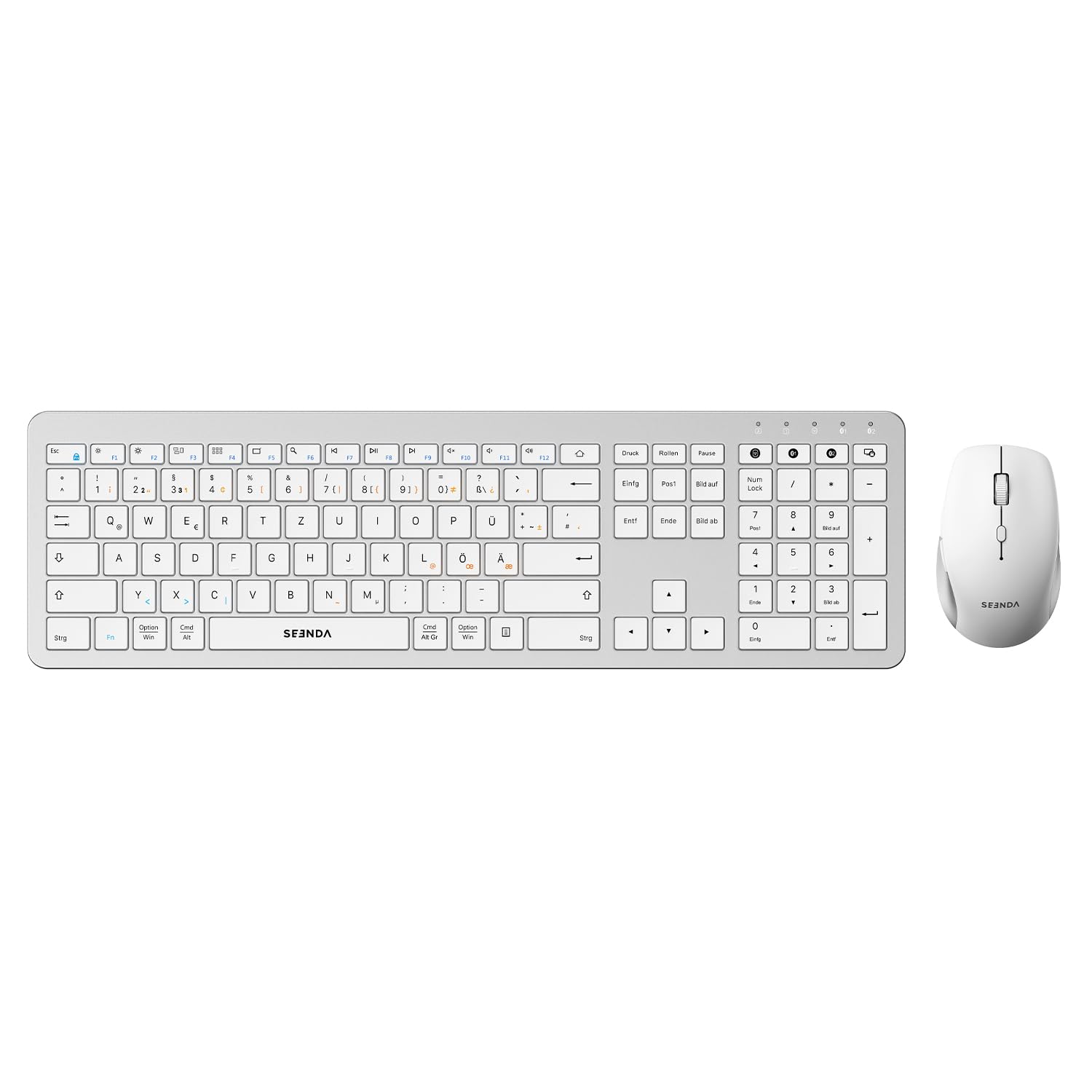 SEENDA Bezprzewodowy zestaw myszki do klawiatury, ultracienki, z podwójnym Bluetooth i USB 2,4 GHz dla 3 urządzeń – niemiecki układ QWERTZ dla Windows, Mac, iPad, laptopa i tabletu (biały i srebrny)
