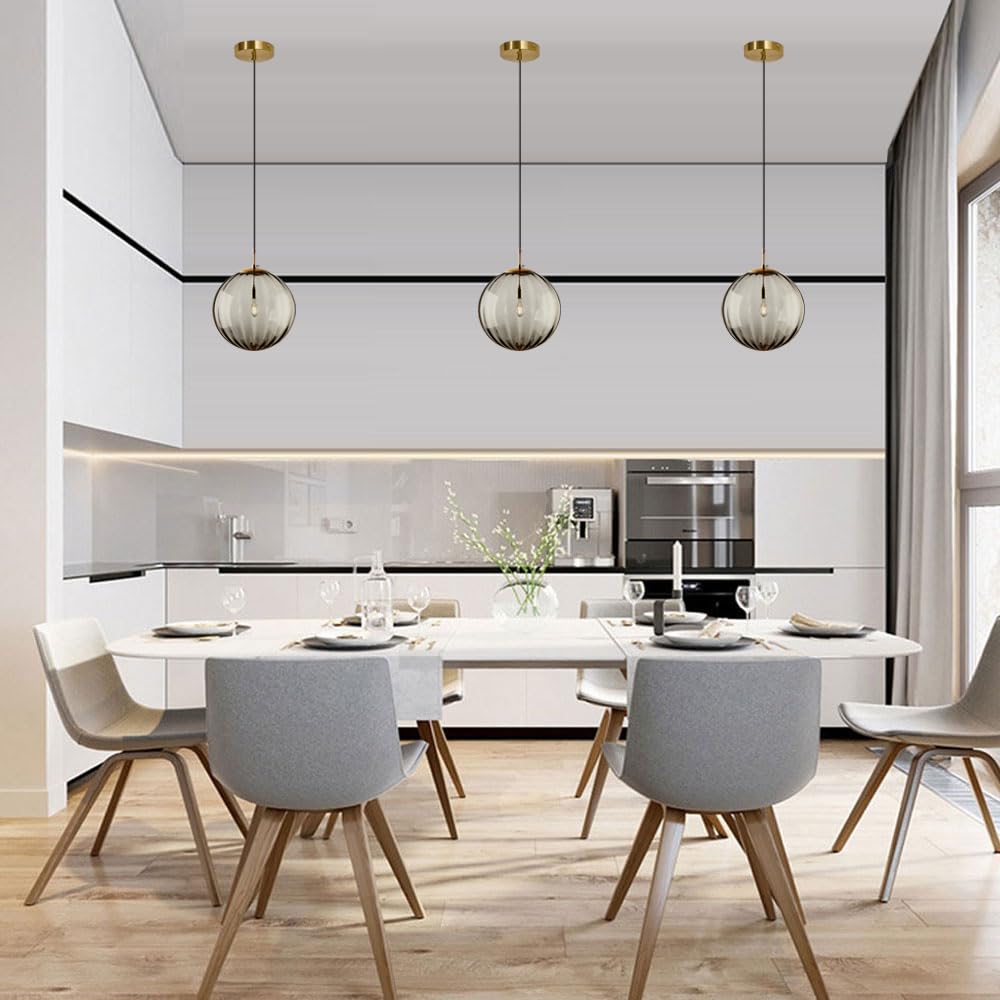 Lámpara Colgante de Estilo Industrial Moderno, lámpara Colgante esférica de Cristal Gris Ahumado, lámpara de Techo empotrada de un Solo Cabezal, Accesorios de iluminación para Isla de Cocina,