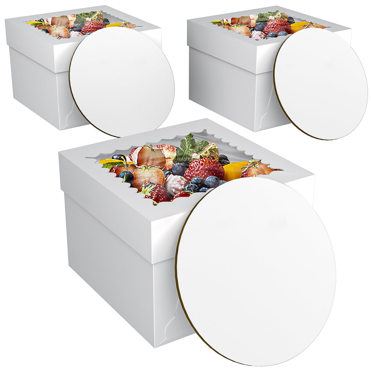 Glamletter 3 Pack Tall Cake Boxes 8x8x8 Inches with Cake Boards, White Bakery Boxes with Window, Food-Safe Disposable Cake Boxes with Lids for Cakes, Donuts, Pies & Party Desserts