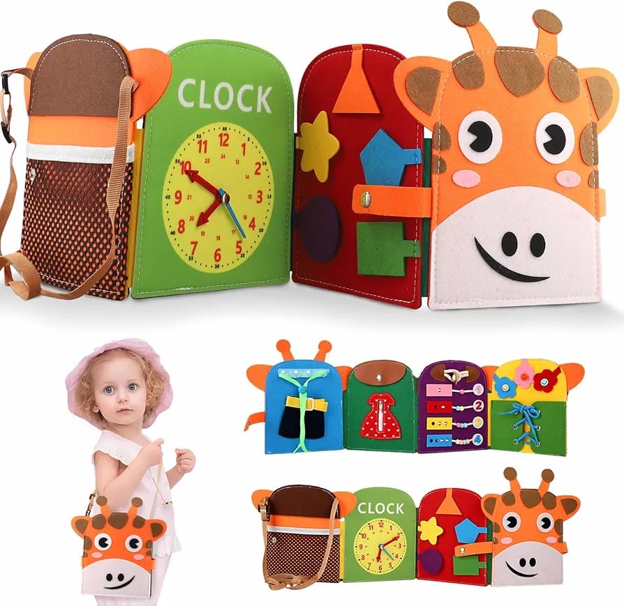Image of Giraffe Quiet Activity Book, 8 basic skills. Busy book for toddlers, Sensory Toy for Toddlers. Developing Motor, Cognitive, and Sensory Skills. Giraffe backpack. Zipper button toy for toddler
