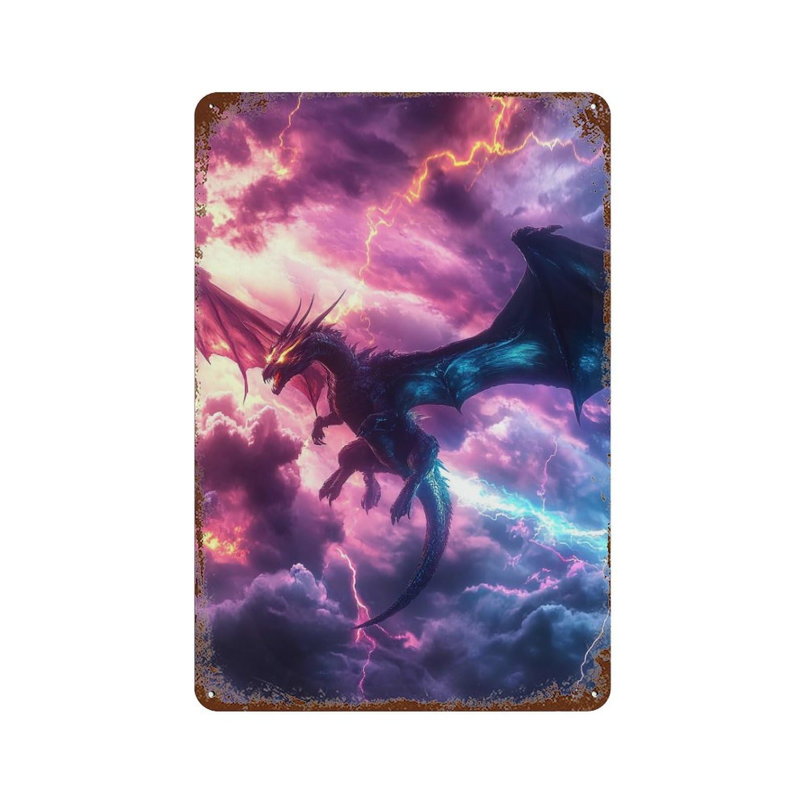 Dragon in Stormy Sky -1 Rustic Tin Plaque 11.8"x7.9", Vintage Wall Decor for Garage, Pub Or Kitchen
