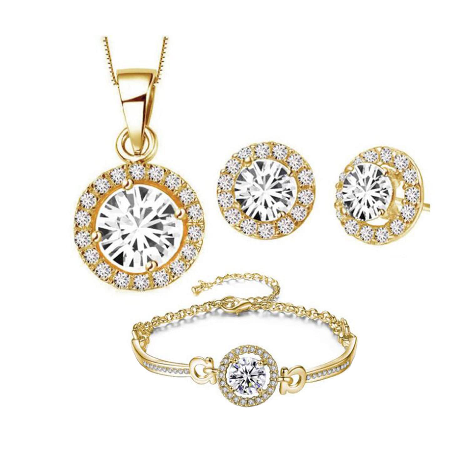 Txibikn 4 Pieces Fashion Elegant Zircon Pendant Gold Necklace Earring Bracelet Jewelry Set for Women Lady Wedding Birthday Party Prom Gifts