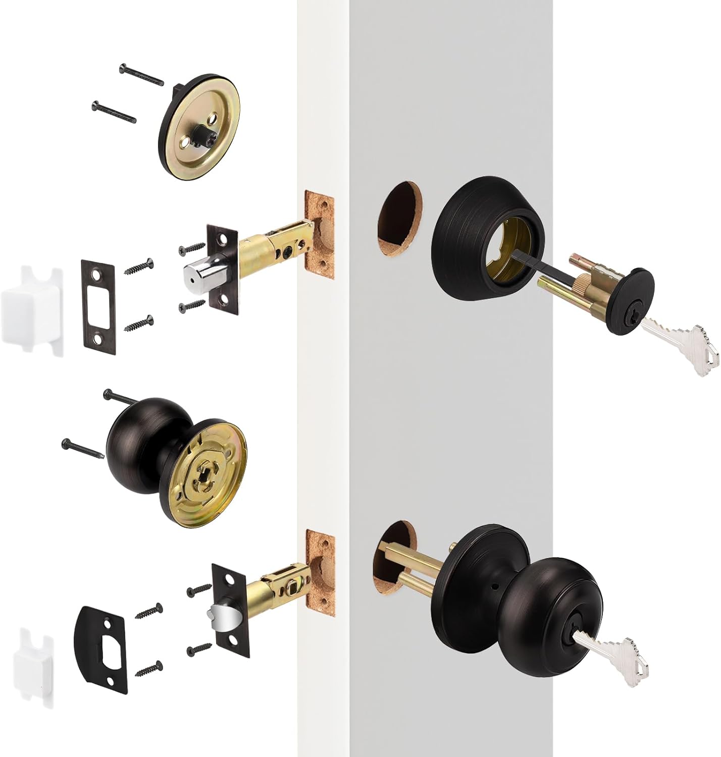 Probrico Entry Door Knob Lock Set and Single Cylinder Deadbolt Combination Set, Oil-Rubbed Bronze (3 Pack) Keyed Alike