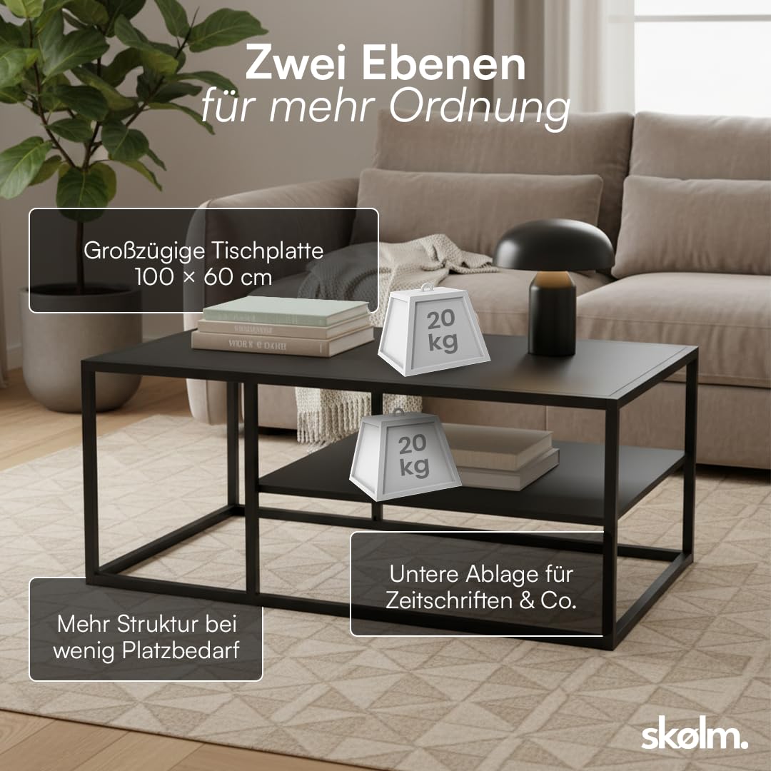 skølm Skadi Couchtisch aus Metall – Wohnzimmertisch mit 2 Ablagen – Beistelltisch in Schwarz – Sofatisch höhenverstellbar – Mitteltisch 45x100x60 cm (HxBxT) – eckiger Kaffeetisch mit Stauraum