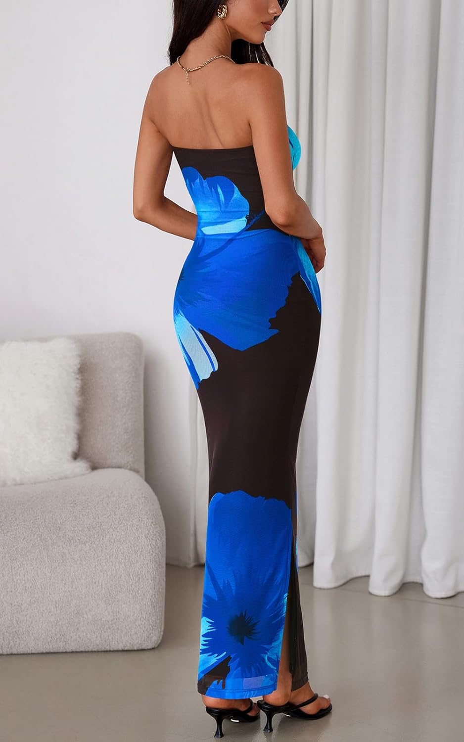 PRETTYGARDEN Strapless Bodycon Summer Dresses for Women 2026 Floral Mesh Tube Top Long Party Cocktail Dress Slit Side - Image 5