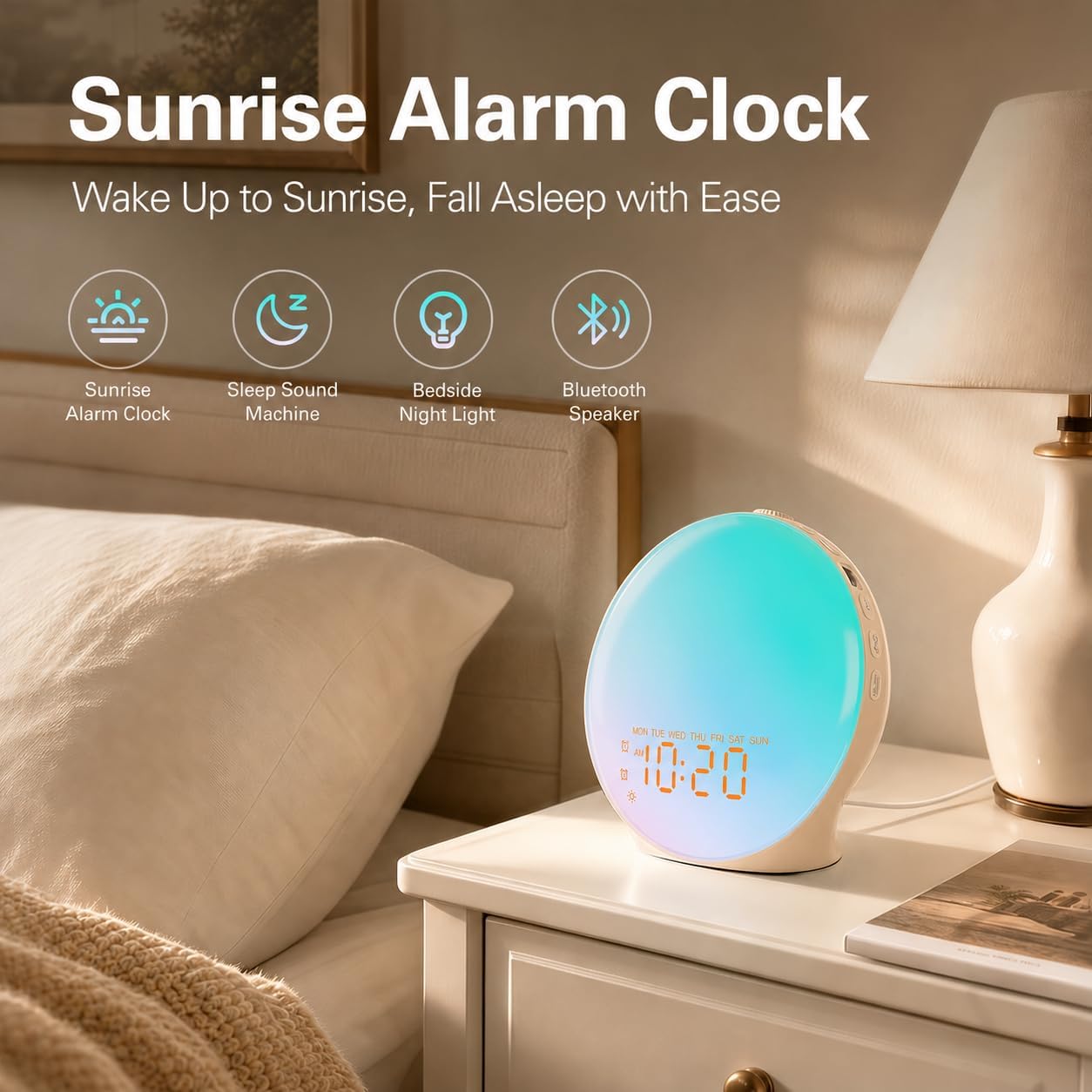 JALL Wake Up Leichter Sonnenaufgang-Wecker für Kinder, schwere Schläfer, Schlafzimmer, verbesserter Vollbildschirm mit Sonnenaufgang-Simulation, Einschlafhilfe, 7 Geräusche