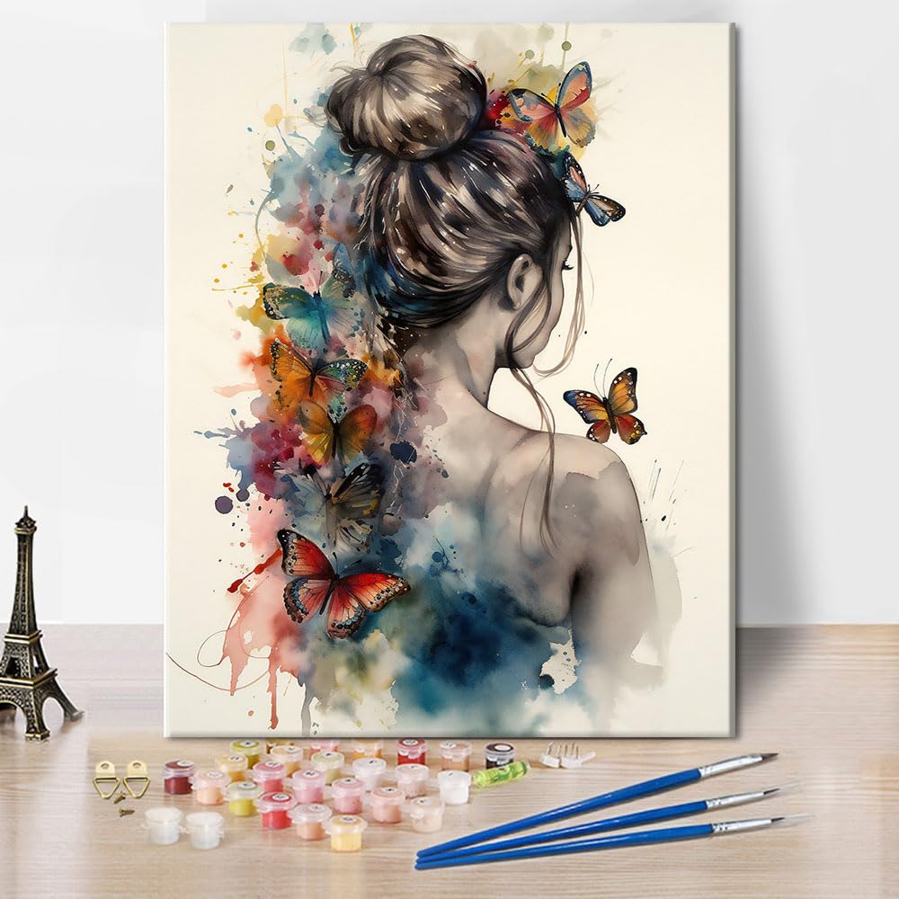 TISHIRON Adult Paint by Number Kits on Canvas, Woman with Butterflies Paint by Numbers, Butterflies on Woman Back Painting by Numbers Adult Painting-by-Number Kits, DIY Canvas Craft Kits, 40x50cm
