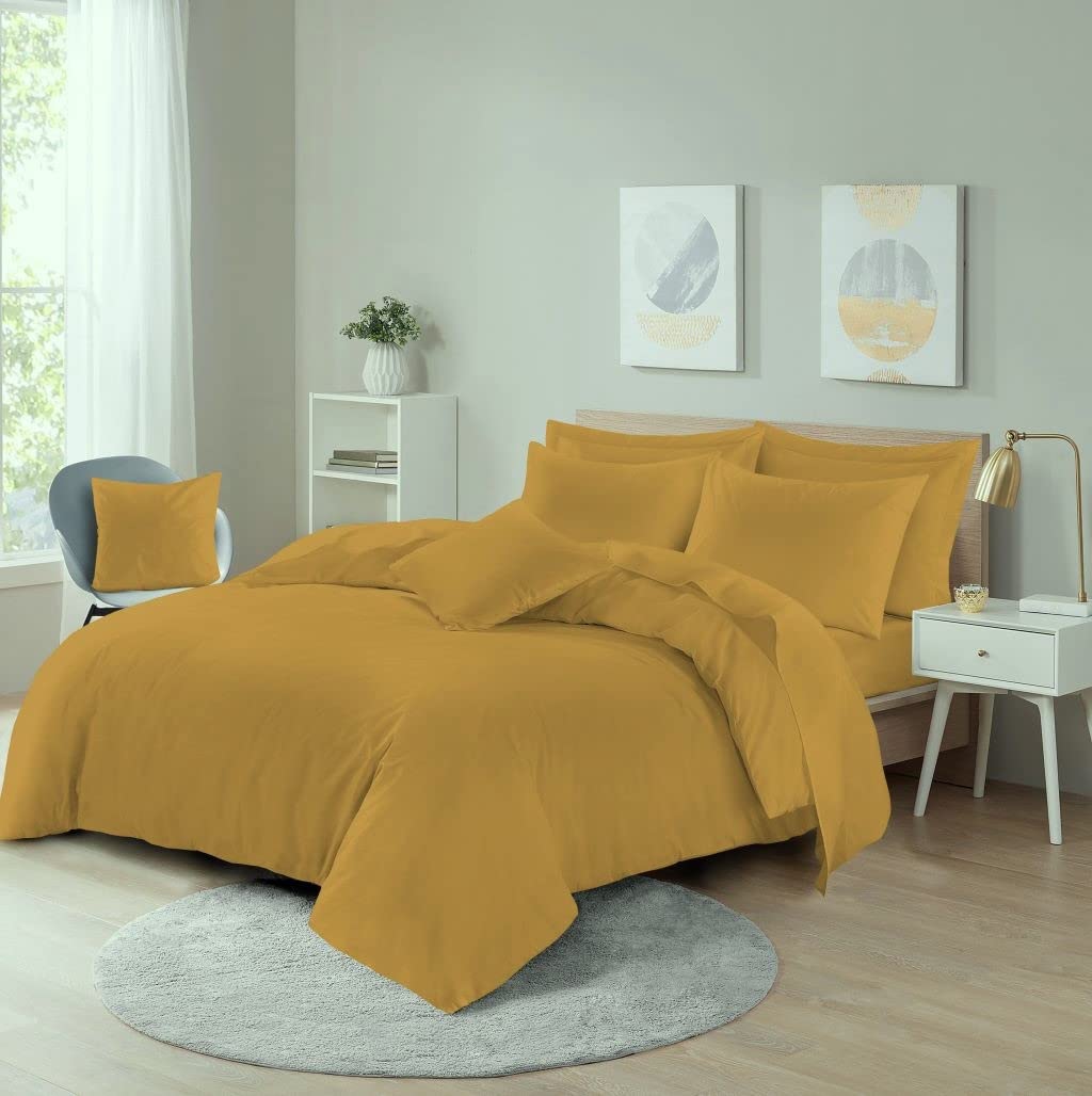 Homes-Linen Mustard Easy Care Poly-Cotton Plain Dyed Duvet Cover Set (, Super King)