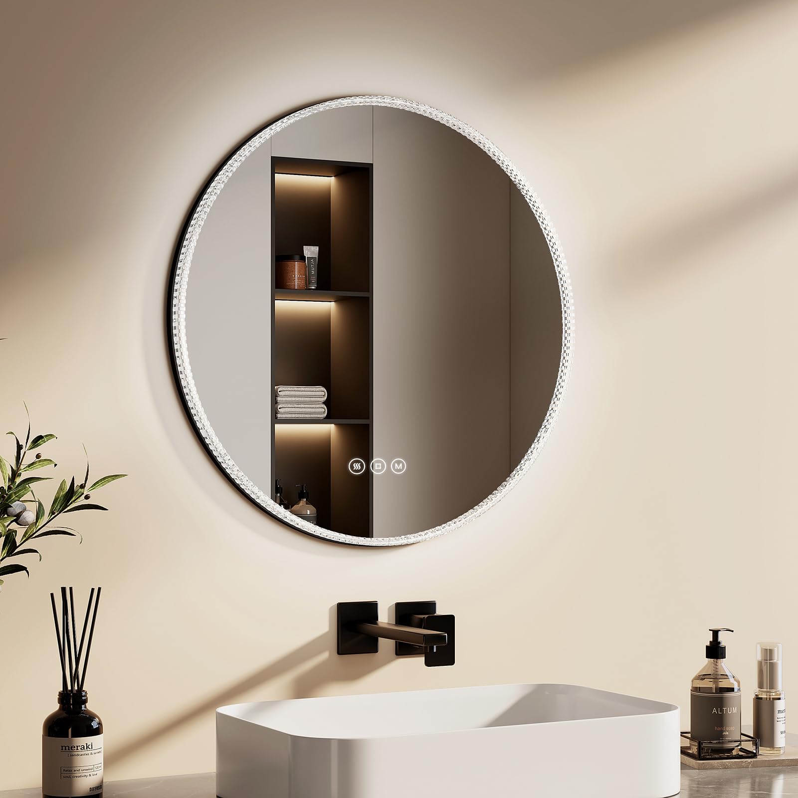 EMKE Espejo Baño con Luz Redondo 60 cm, Antivaho, Espejo LED con Interruptor Táctil, 3 Tonos de Luz Regulables, Marco Negro, IP44, Bajo Consumo,Espejo de Baño
