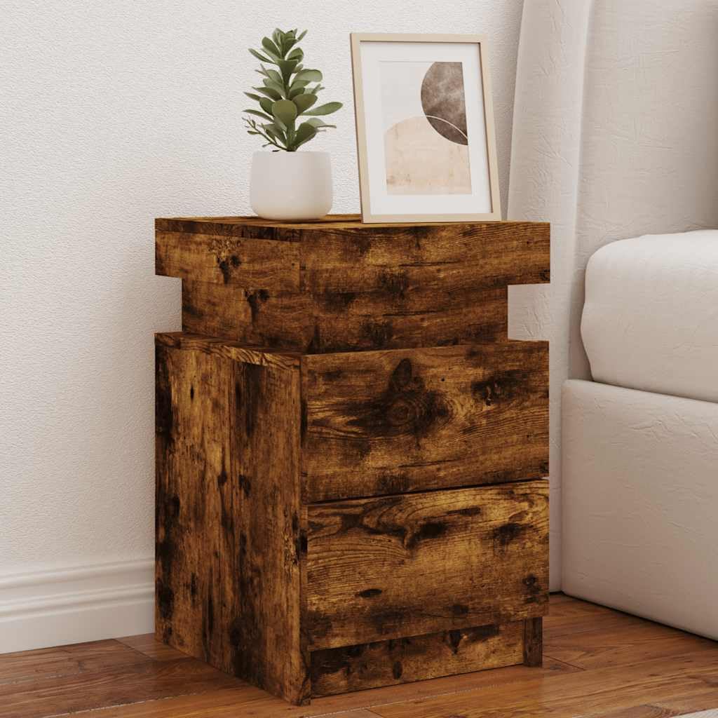 SXZenSpace Bedside Cabinet with LED Lights Smoked Oak 35x39x55 cm Engineered Wood Slim Nightstand Small Storage Chest for Bedroom Hallway