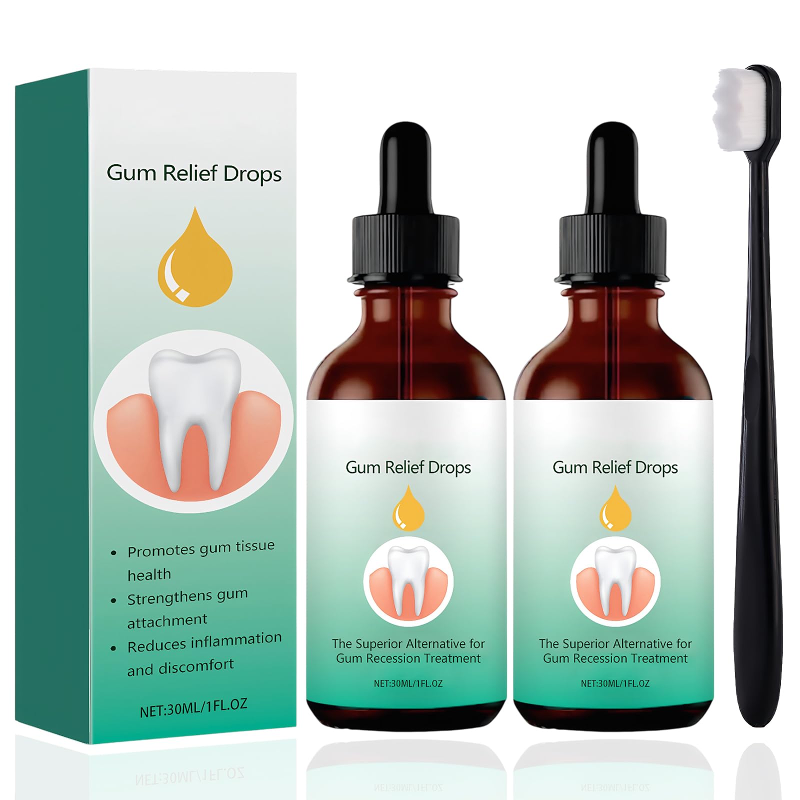 2 siero per gengive da 30 ml con spazzolino da denti, cura delicata della bocca quotidiana, sensazione di freschezza in bocca, facile da usare a casa e in viaggio