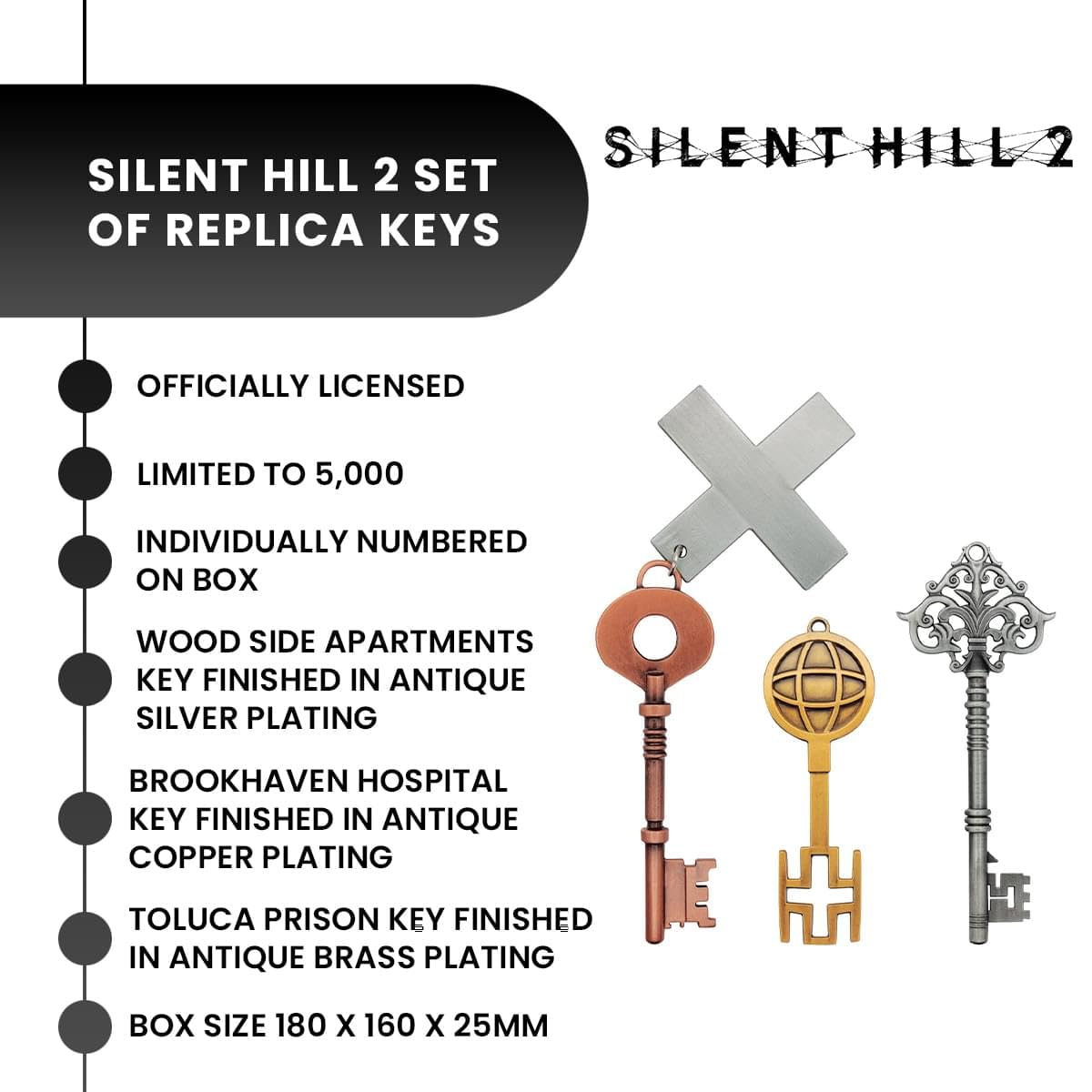 FaNaTtik SILENT HILL - Set di 2 chiavi in metallo da collezione in edizione limitata (lato legno, Brookhaven, Toluca), con licenza ufficiale, scatola numerata, memorabilia del gioco horror