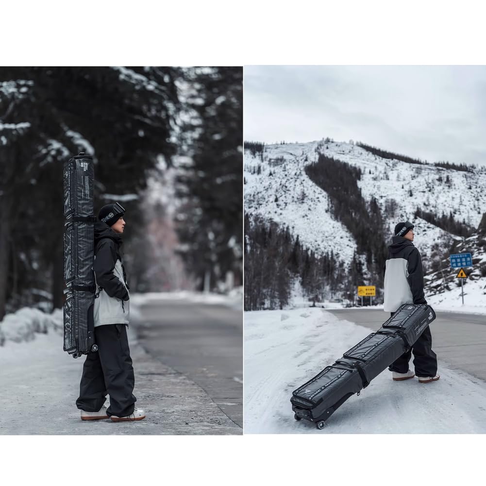 Sac de snowboard à roulettes rembourré imperméable pour skis simples ou doubles, pliable et extensible
