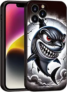 Printed Shark Pattern for iPhone 15 pro max Case, Printed Fierce Red-Eyed Shark Cartoon Silicone Soft Shockproof case,for Girls & Women & boy & Men (B1-Cartoon Shark-Cool)
