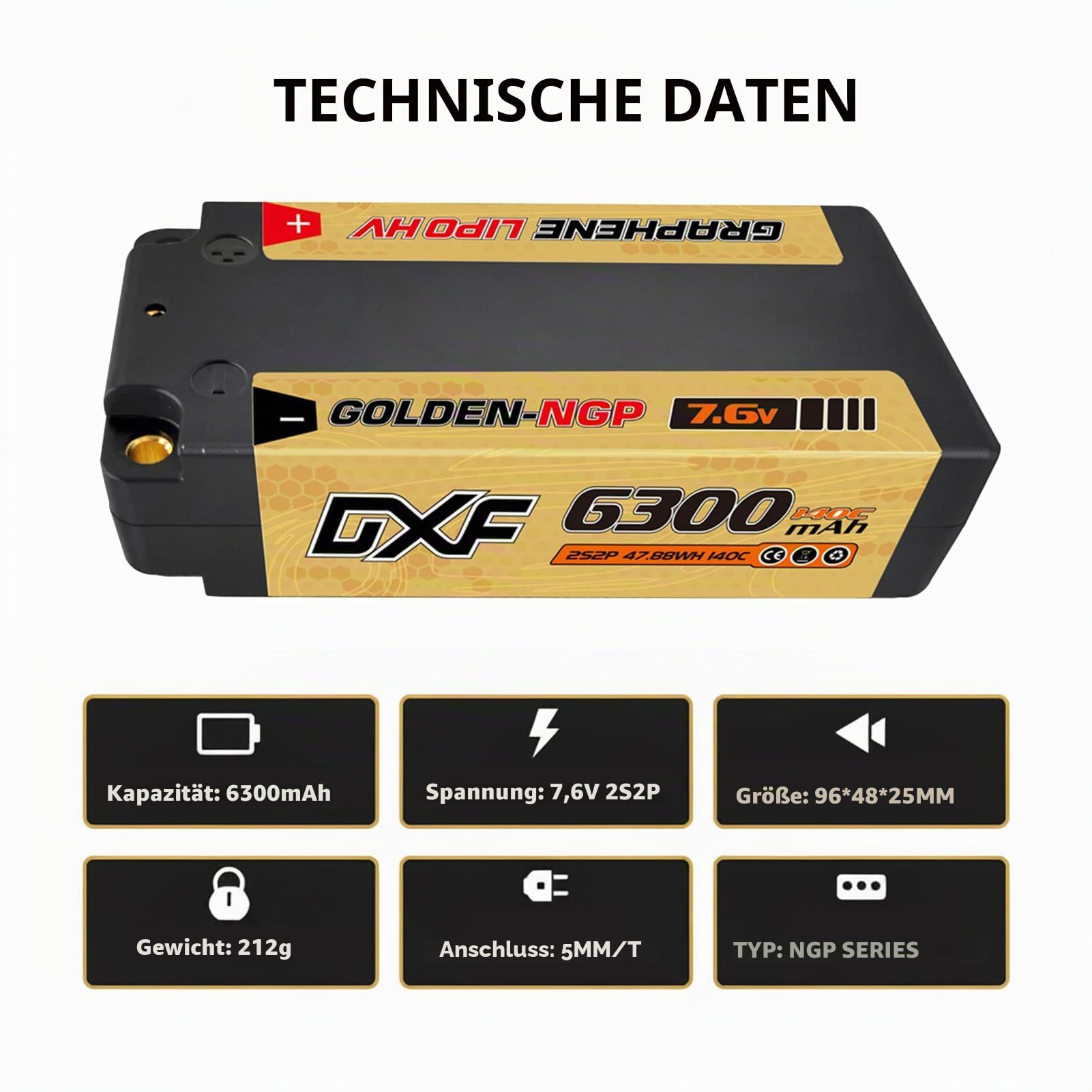 DXF 2 Packungen 2S HV LiPo Akku 7.6V 6300mAh 140C mit 5mm Deans T Stecker Leistungsstarker für Modellfahrzeuge 1:8 1:10 RC Auto Essential Enthusiasten Kompakt Robust Langlebig