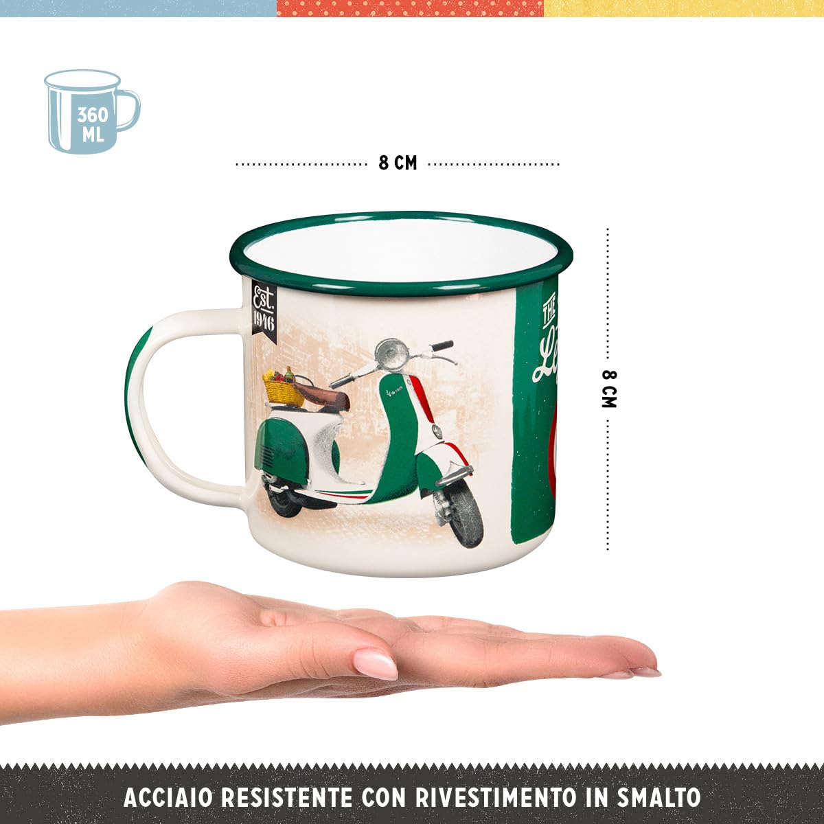 Nostalgic-Art Tazza smaltata retrò, Vespa – Italian Legend – Idea regalo per amanti degli scooter, Coppa da campeggio, Design vintage, 360 ml