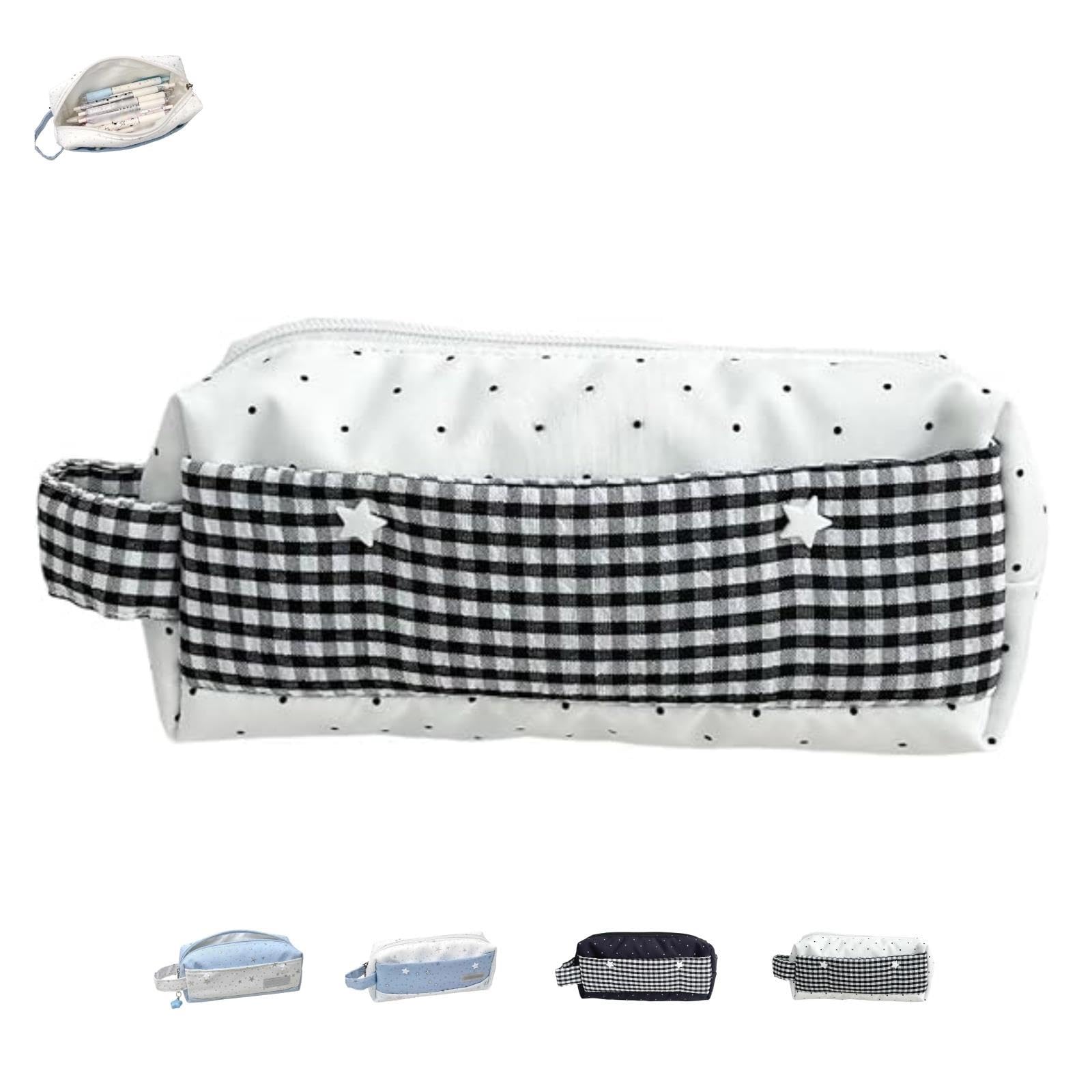 Polka Dot Pencil Case Cute Kawaii Plaid Ruffle Pouch Vintage With Handle