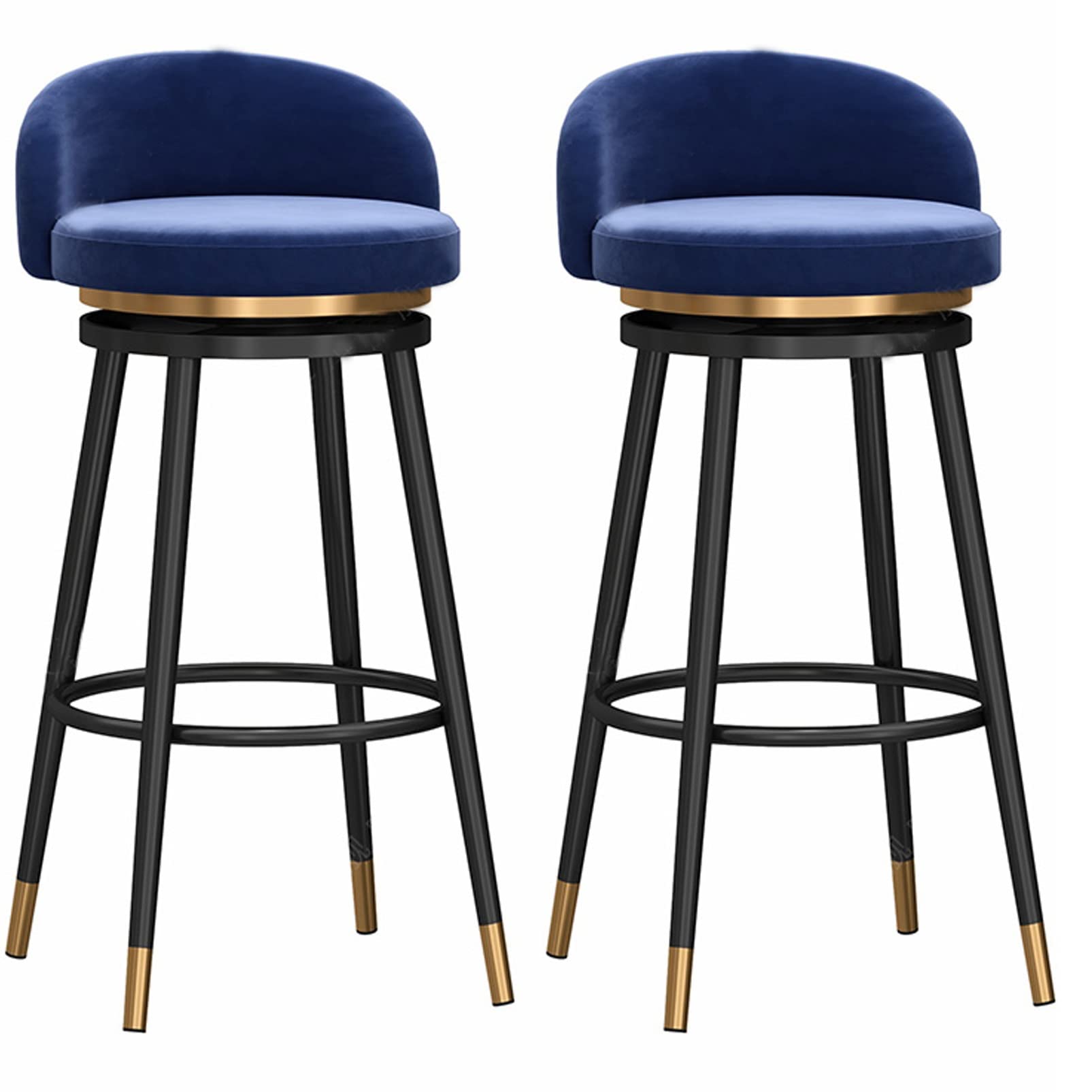 AYCDL 2pcs 360° Swivel Barstools Counter Height Stool Bar Stools, Velvet High Bar Chairs with Backrest and Footrest, Upholstered Stools for Kitchen Island,Black Blue-75cm