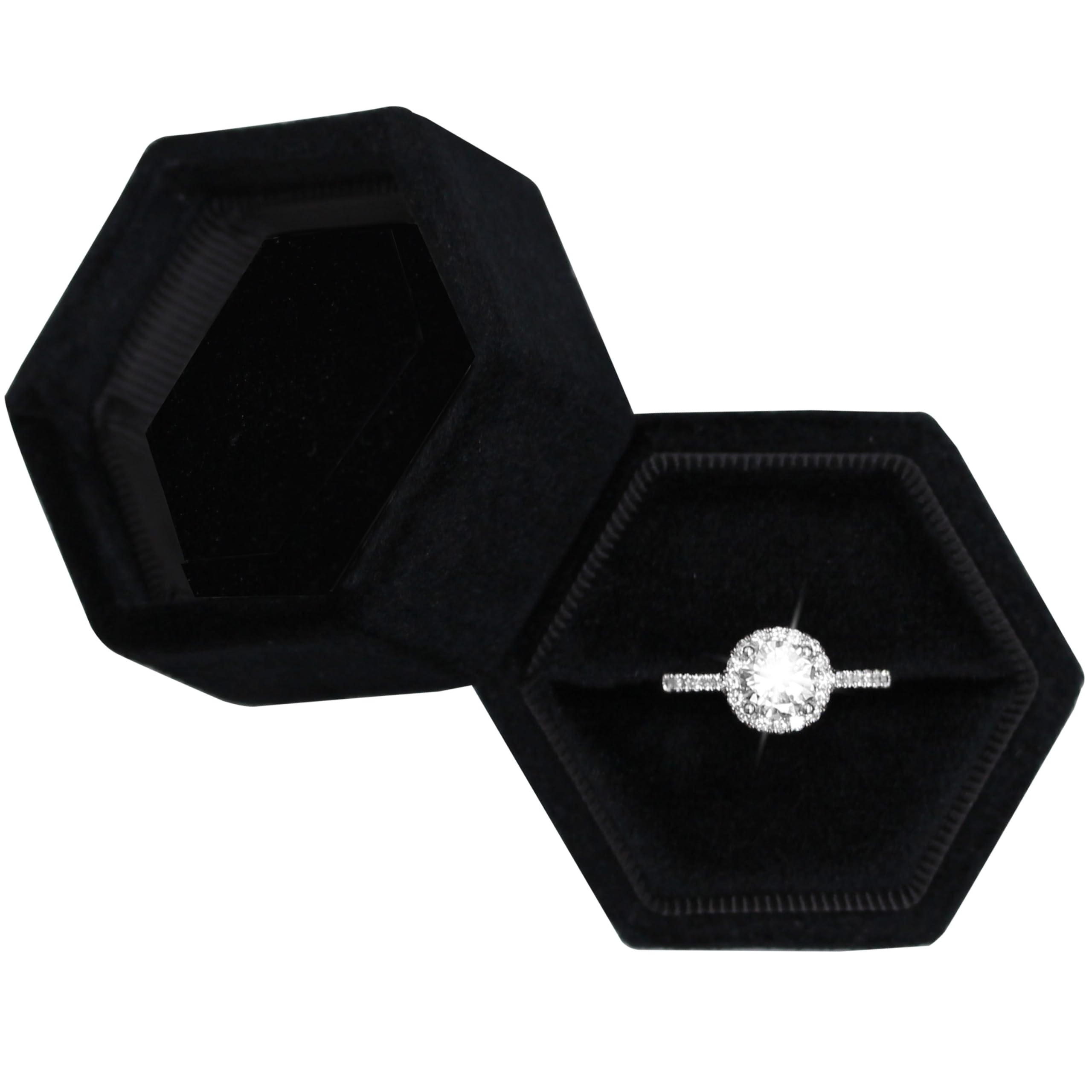 Hexagon Velvet Jewelry Single Slot Ring Box Engagement Wedding Box Keepsake Box Bridal Photo Ring (Black)