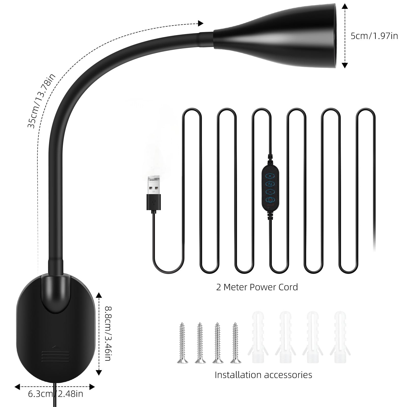 LiFMIRA LED-Nachttisch-Leselampe zur Wandmontage, mit USB-Ladeanschluss, 10-stufig dimmbar und verstellbar, 5 Farben, Plug-in-Nachtlampe für Bücher im Bett, augenschonende Schlafzimmerbeleuchtung