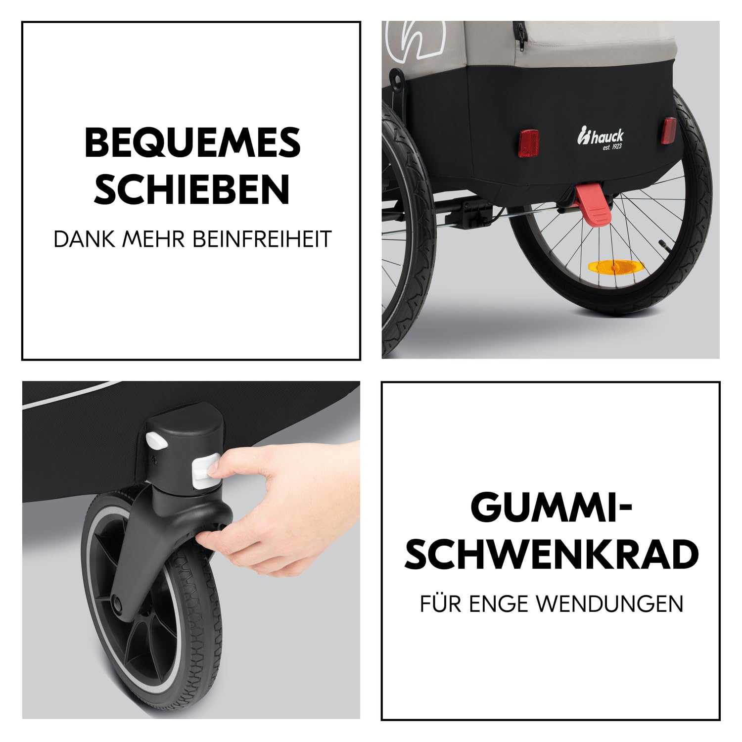 Hauck Dryk Duo Plus - Remolque de bicicleta y cochecito para 2 niños (6-48 meses), incluye protección contra la lluvia, toldo, barra de remolque, rueda de buggy, bandera y luz LED, color negro