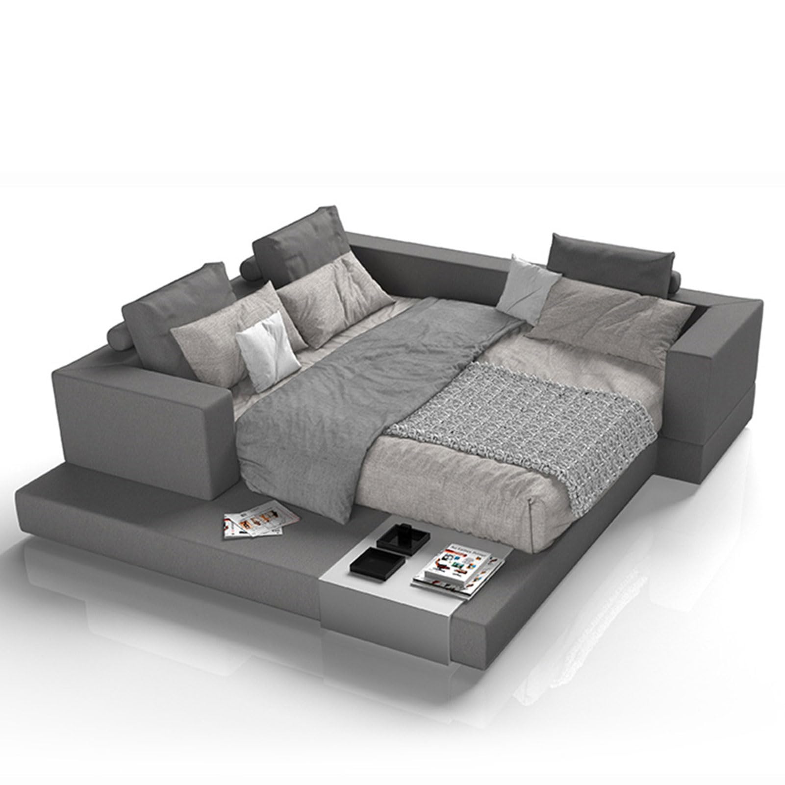 King Size Modern Genuine Leather Bed Set with Wingback Headboard and Storage Drawers Wooden Slats and Metal Frame