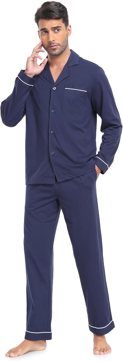  COLORFULLEAF Men's Cotton Pajamas Set with Long Sleeve and Pockets