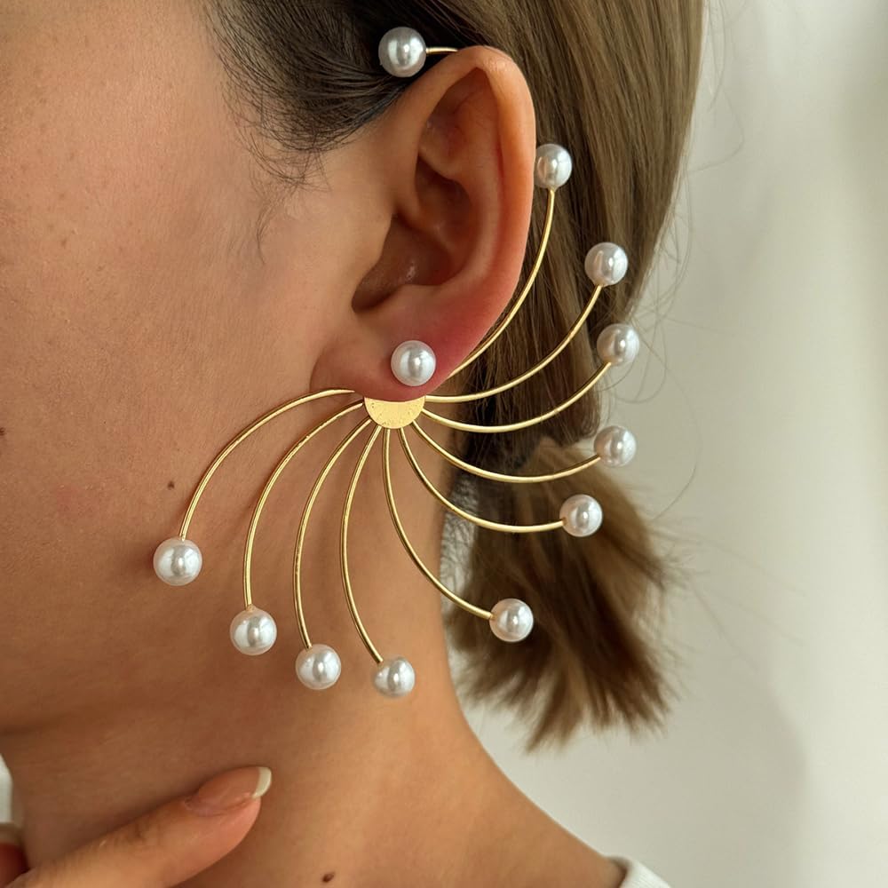 Elegant Fan Pearl Beaded Ear Cuff for Women Statement Vintage Layered Pearl Earrings Curved Wrap Earrings Gifts