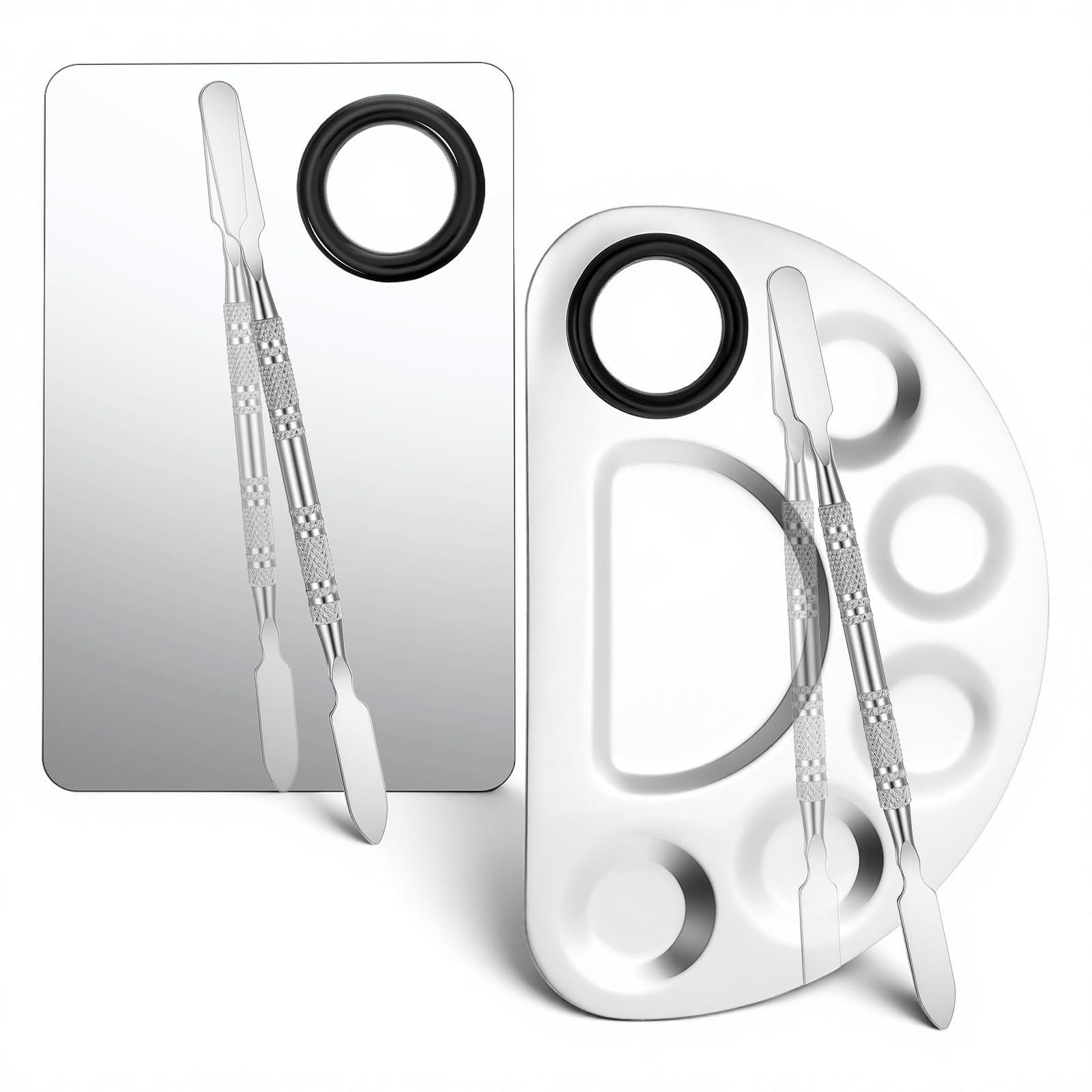 2 Set Makeup Mixing Palette with Spatula, Nail Art Palette Professional Makeup Palettes Tray Stainless Steel Cosmetic Artist Tool for Mixing Foundation Eye Shadow Eyelash Nail Art