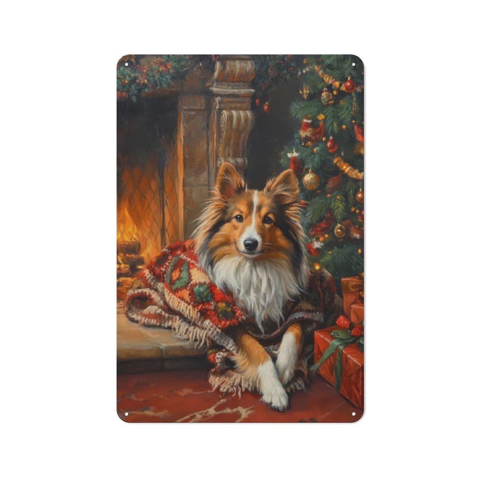 Junmoney Cozy Christmas Shetland Sheepdog By Fireplace Metal Wall Sign 30X20cm Featuring Painting For Home Bar Wall, For Themed Interiors In Home Bars And Entertaining Spaces