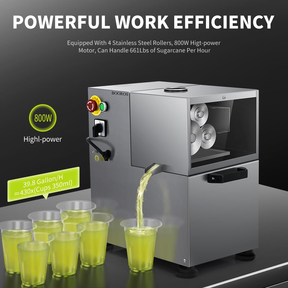 Máquina exprimidora de caña de azúcar comercial 800W Exprimidor eléctrico de caña de azúcar 4 rodillos Prensa de jugo de caña de azúcar con 661 libras/h de eficiencia de trabajo para 6
