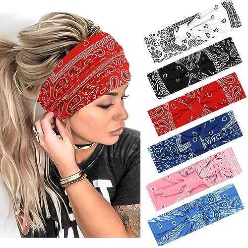 YARIEW Boho Headbands for Women Wide Bandana Headbands Stretch Knotted Headband Elastic Head Bands Women’s Hair Band Non-Slip Yoga Workout Head Wraps Hair Accessories for Women Girls 6 Pack