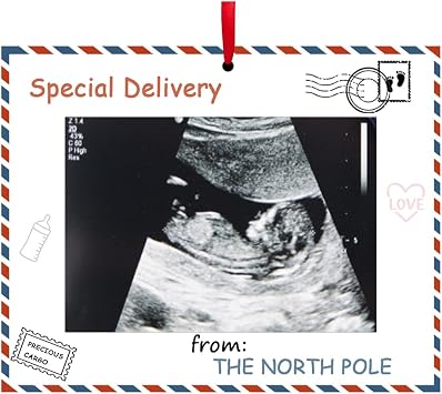 Pregnancy Announcement Christmas Ornament Sonogram Photo Frame Keepsake with Ribbon Baby Coming Soon Gift for Grandparents, Mom To Be, Holiday Tree Decor Red & Green