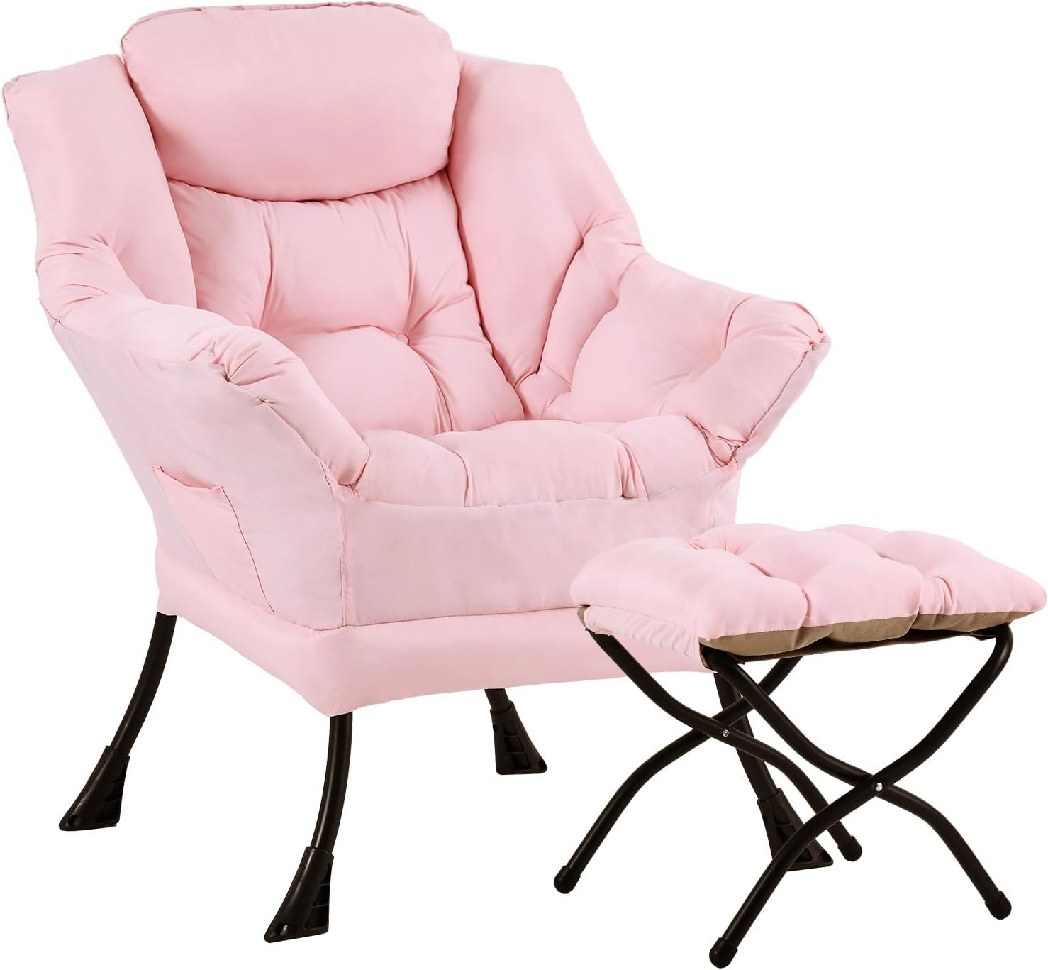 Lazy Chair with Ottoman, Large Pink Accent Chair with Ottoman, Comfy Reading Armchair, Leisure Sofa Chair for Living Room, Bedroom, Dorm Room, Office