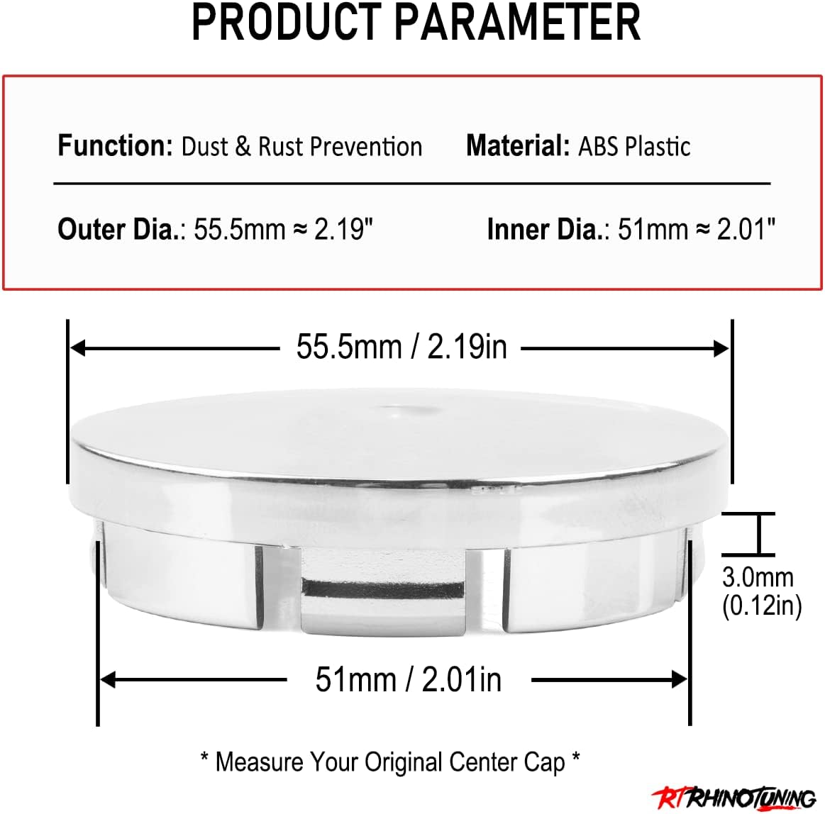 RTrhinotuning 55.5mm Wheel Center Caps Compatible with Fabia Citigo Lada Vesta 5JA 601 151A, OD: 2.19"(55.5 mm) ID: 2.01"(51 mm) Chrome Rim Caps