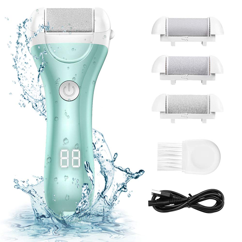 Electric Callus Remover, RUEOO Rechargeable Electronic Feet File Hard Skin Remover IPX7 Waterproof Pedicure Tool for Cracked Heels and Dead Skin, with 3 Coarse Roller Heads Foot Rasp
