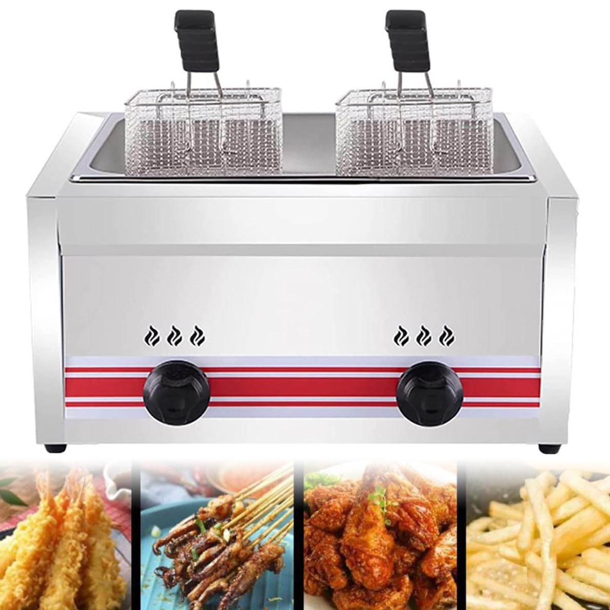 Friggitrice a Gas GPL Professionale, friggitrice Commerciale in Acciaio Inossidabile con cestelli e coperchi per friggitrice, per Cucina Domestica Commerciale, monocilindrico da 20